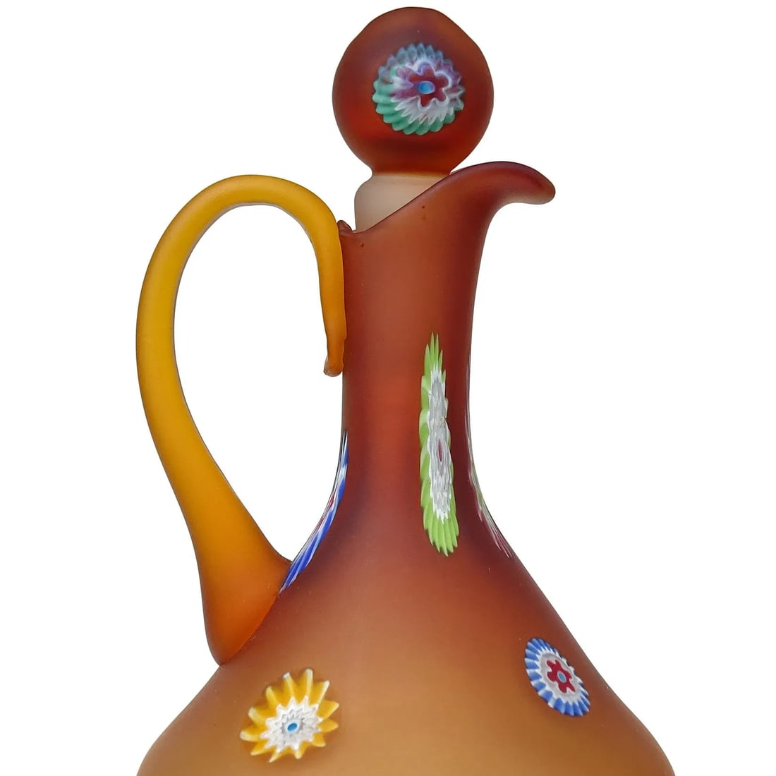 Murano Fratelli Toso Vintage Orange Millefiori Flowers Italian Art Glass Satin Surface Ewer Cruet Pi - 2