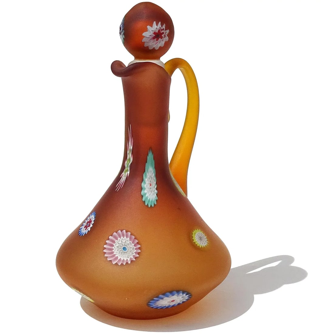 Murano Fratelli Toso Vintage Orange Millefiori Flowers Italian Art Glass Satin Surface Ewer Cruet Pi - 3