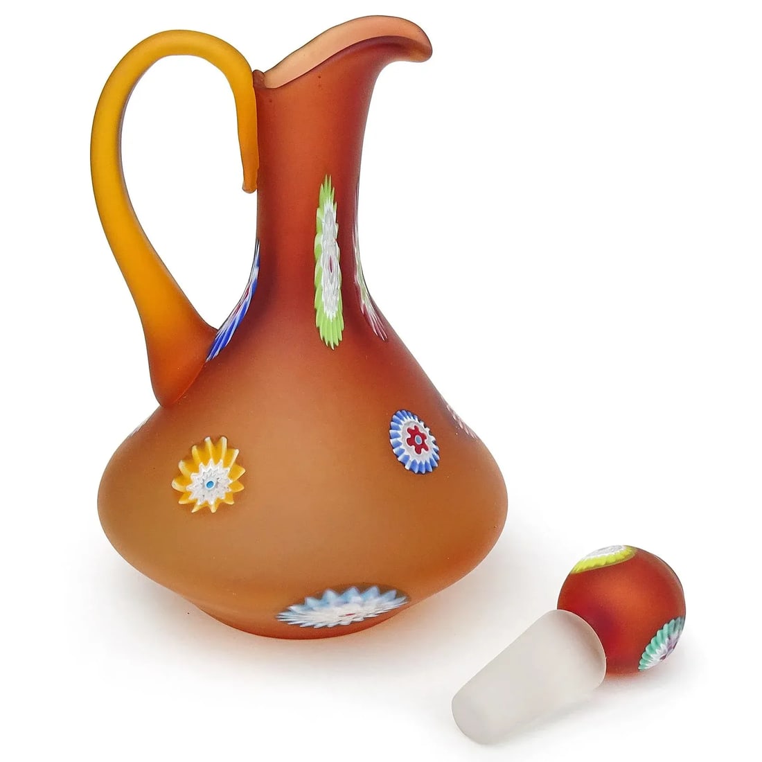 Murano Fratelli Toso Vintage Orange Millefiori Flowers Italian Art Glass Satin Surface Ewer Cruet Pi - 4
