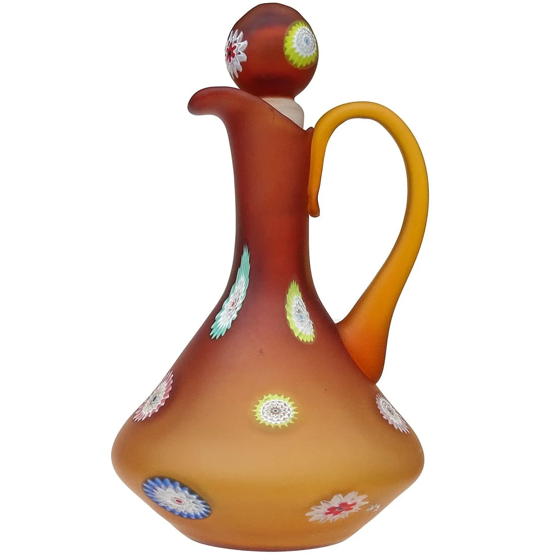 Murano Fratelli Toso Vintage Orange Millefiori Flowers Italian Art Glass Satin Surface Ewer Cruet Pi - 5