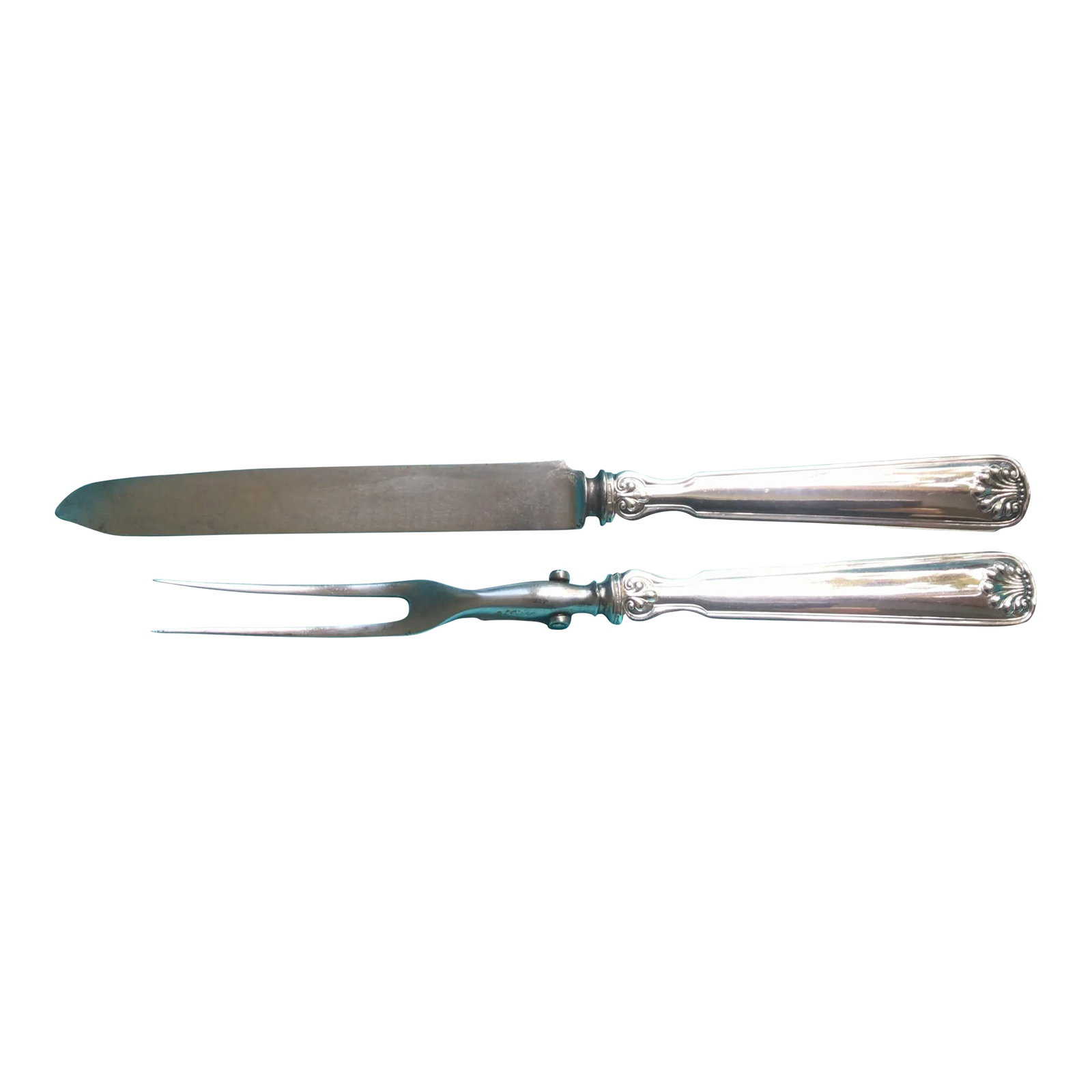 1920s Tiffany & Company Shell and Thread Sterling Silver Carving Set- 2 Pieces: Rare in this condition! A 1925 matched set of carving knife and fork from Tiffany & Company in their most popular SHELL AND THREAD pattern. It features a charming monogram from Tiffany's Fifth Avenue