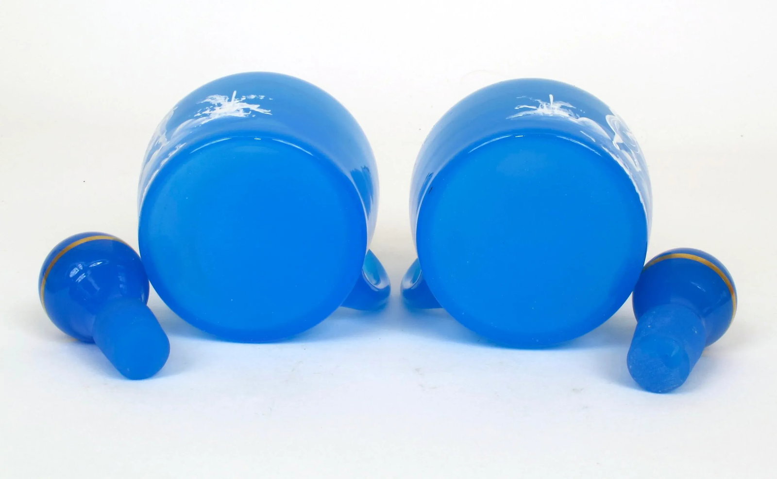 Antique 1890s Mary Gregory Blue Glass Cruet Bottles Boy & Girl in Landscape - Set of 2 - 10