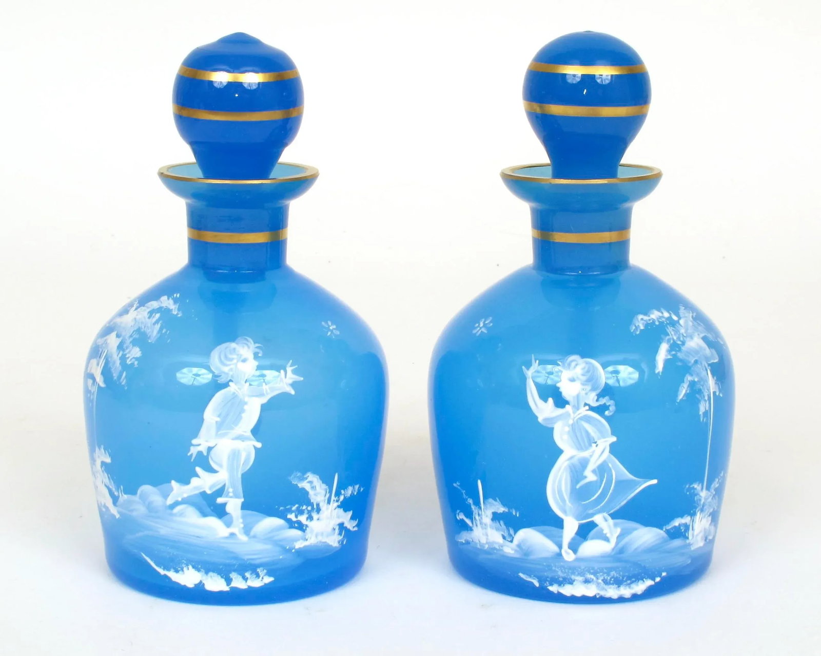 Antique 1890s Mary Gregory Blue Glass Cruet Bottles Boy & Girl in Landscape - Set of 2 - 11