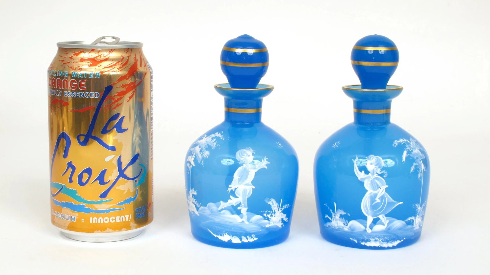 Antique 1890s Mary Gregory Blue Glass Cruet Bottles Boy & Girl in Landscape - Set of 2 - 2