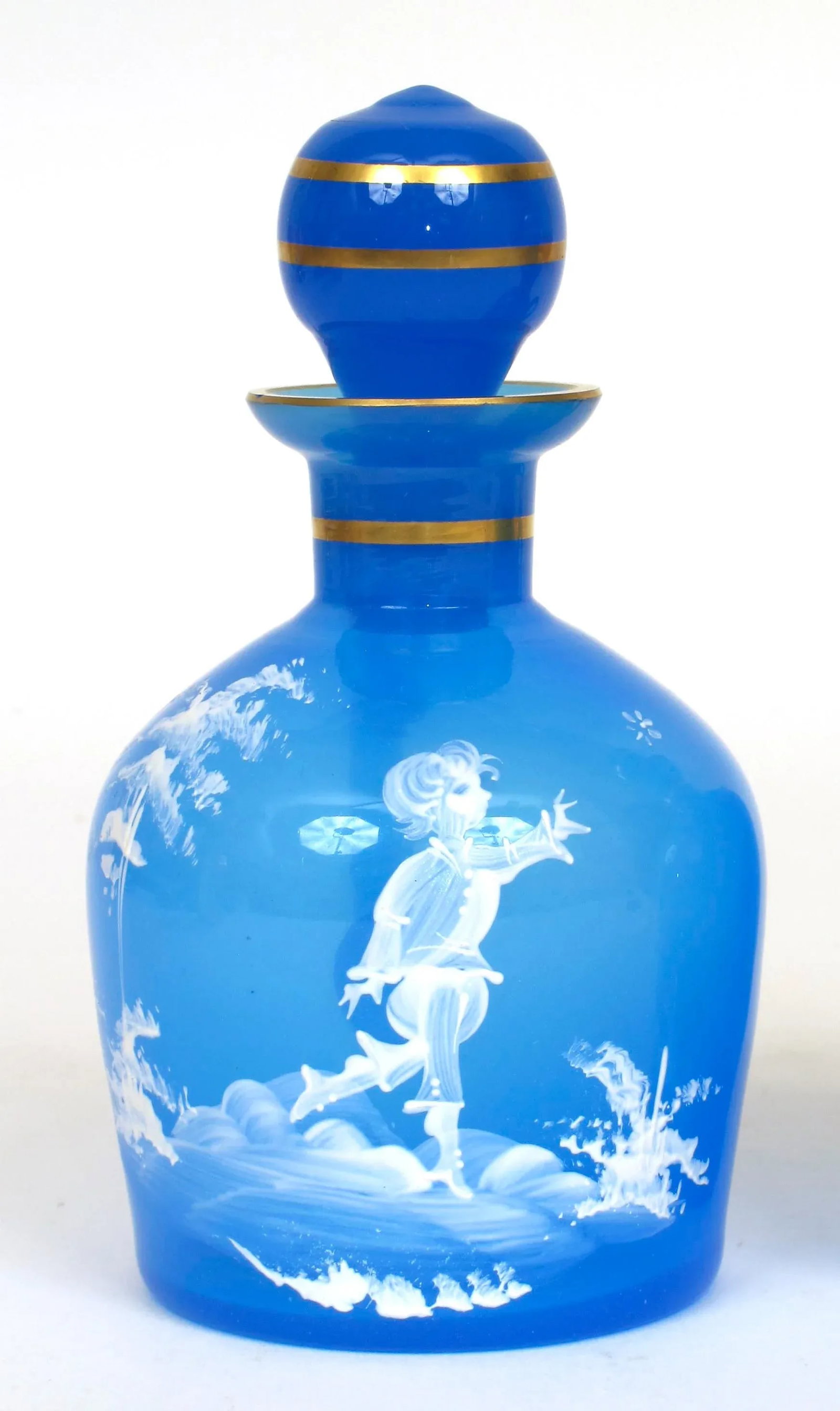 Antique 1890s Mary Gregory Blue Glass Cruet Bottles Boy & Girl in Landscape - Set of 2 - 3