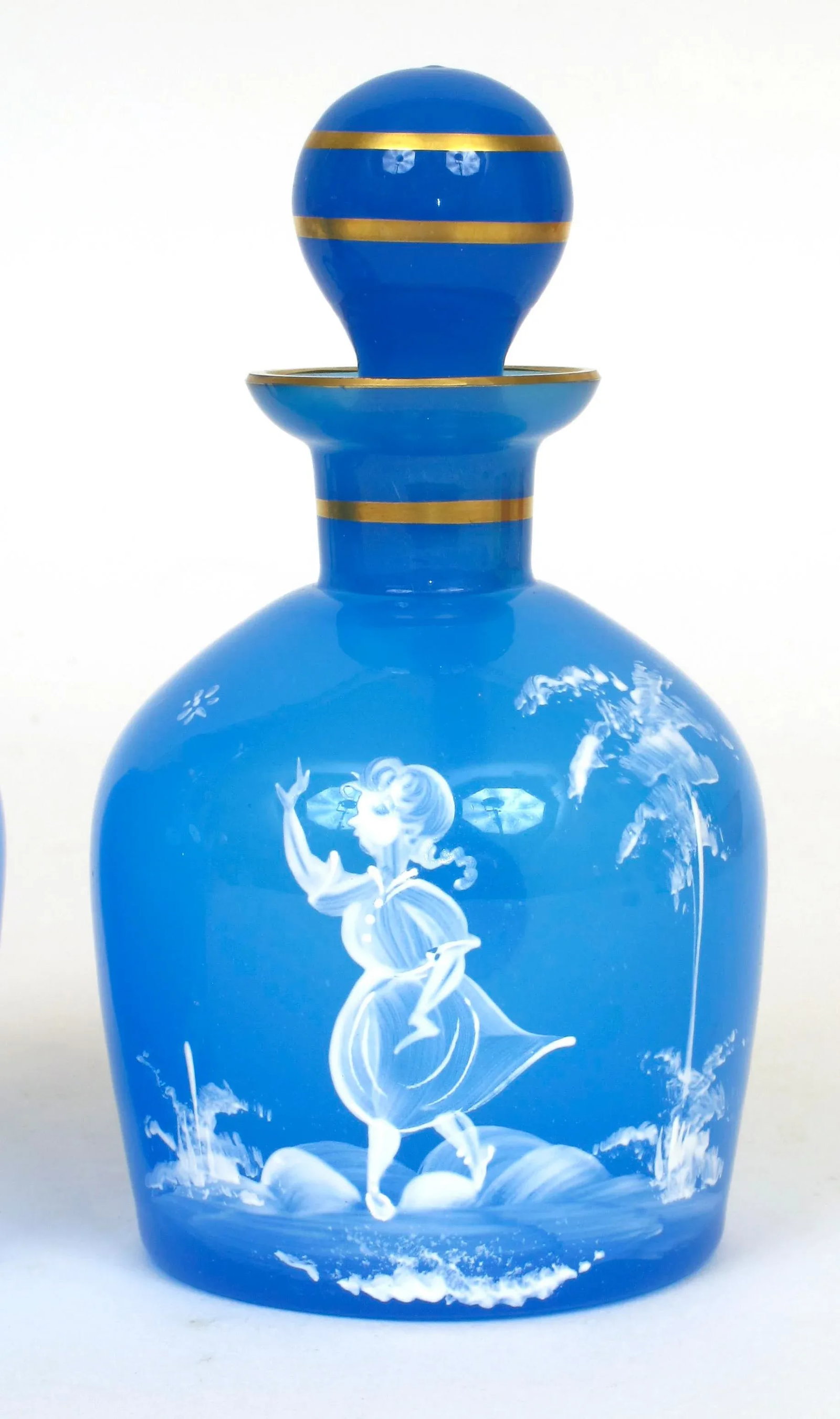 Antique 1890s Mary Gregory Blue Glass Cruet Bottles Boy & Girl in Landscape - Set of 2 - 4
