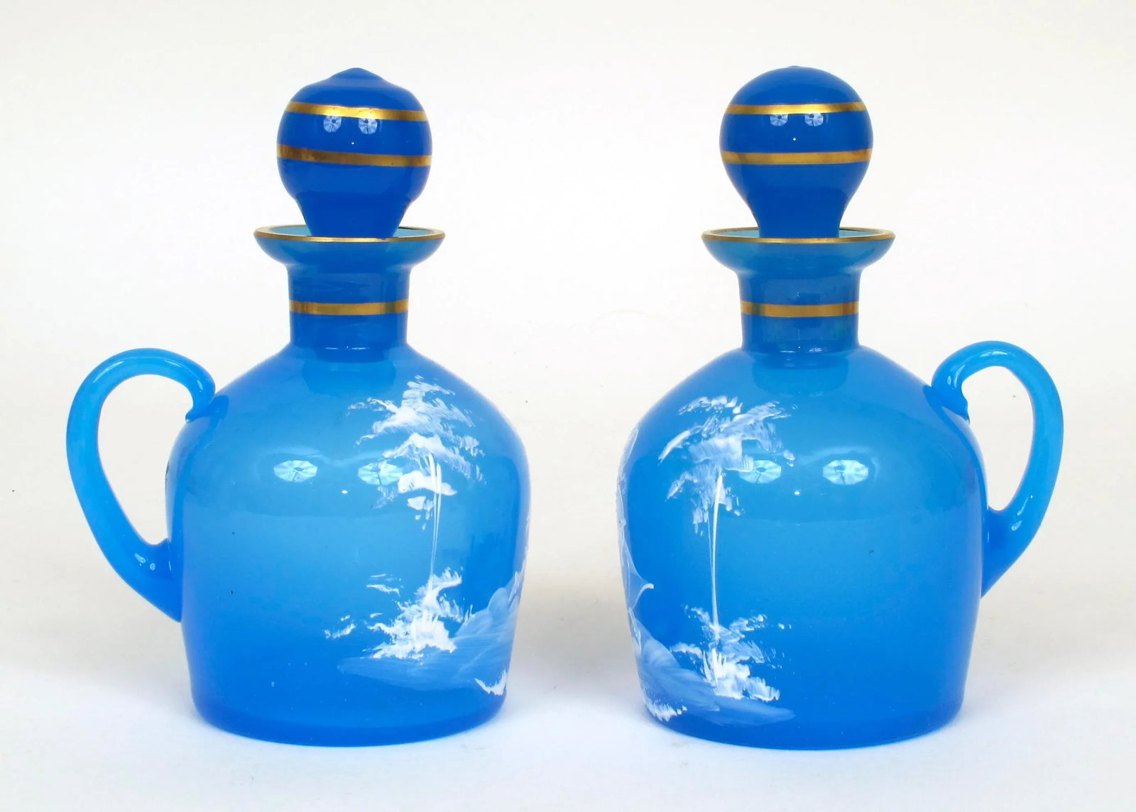 Antique 1890s Mary Gregory Blue Glass Cruet Bottles Boy & Girl in Landscape - Set of 2 - 5