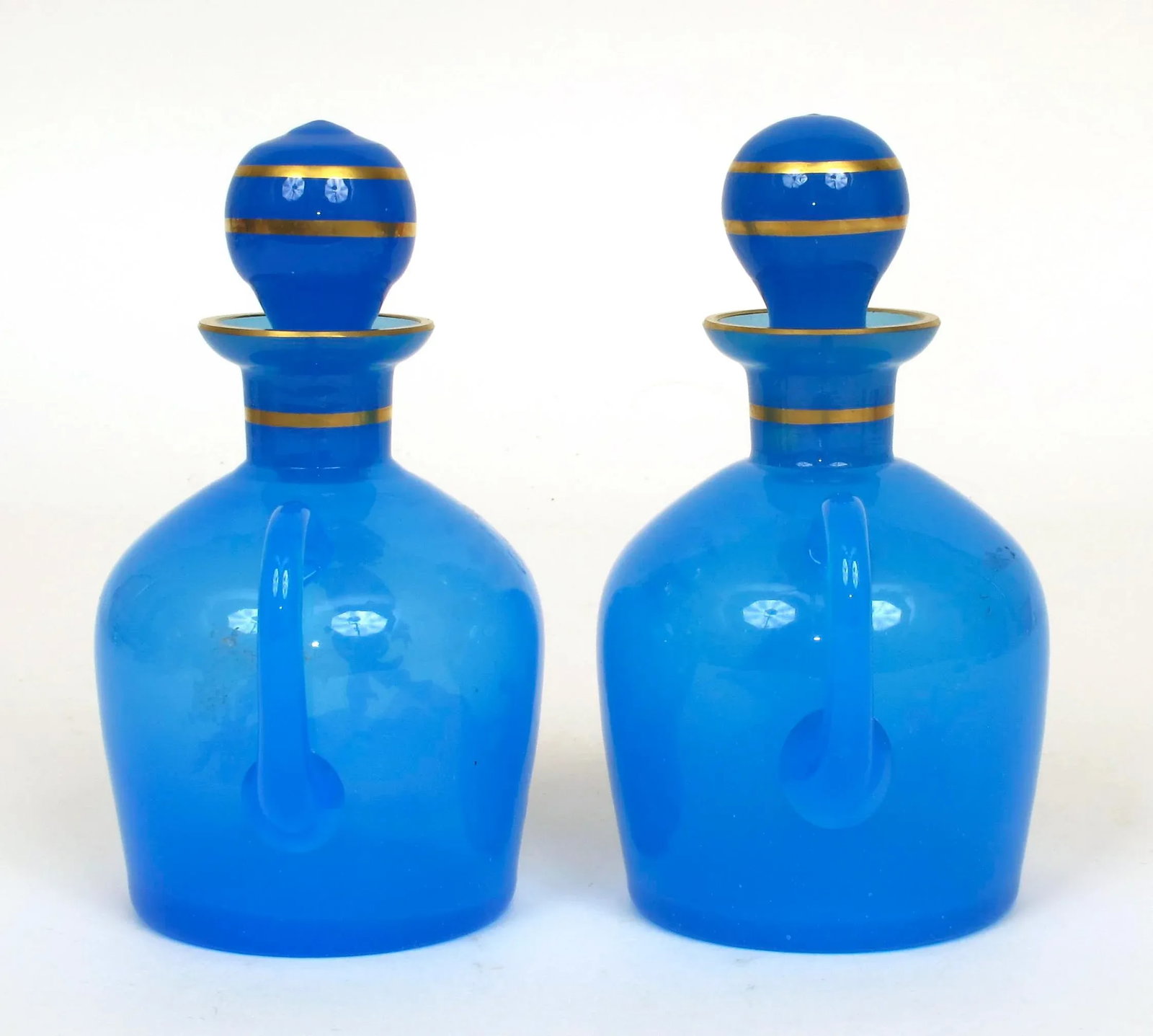 Antique 1890s Mary Gregory Blue Glass Cruet Bottles Boy & Girl in Landscape - Set of 2 - 6
