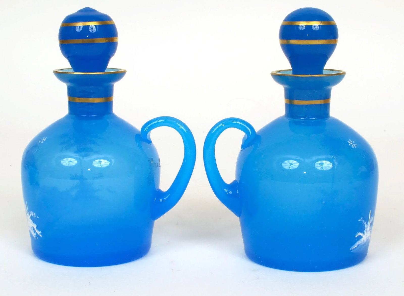 Antique 1890s Mary Gregory Blue Glass Cruet Bottles Boy & Girl in Landscape - Set of 2 - 7