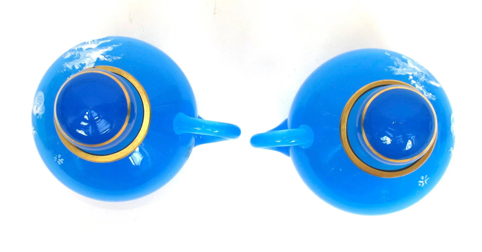 Antique 1890s Mary Gregory Blue Glass Cruet Bottles Boy & Girl in Landscape - Set of 2 - 8