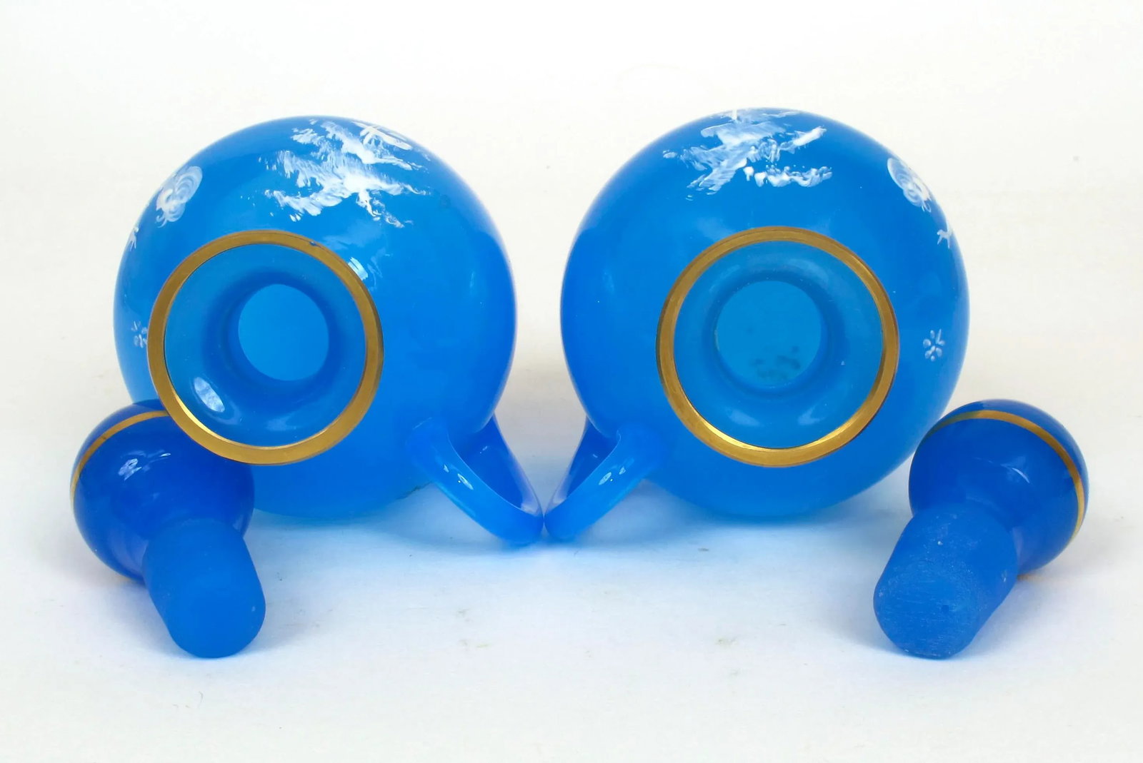 Antique 1890s Mary Gregory Blue Glass Cruet Bottles Boy & Girl in Landscape - Set of 2 - 9