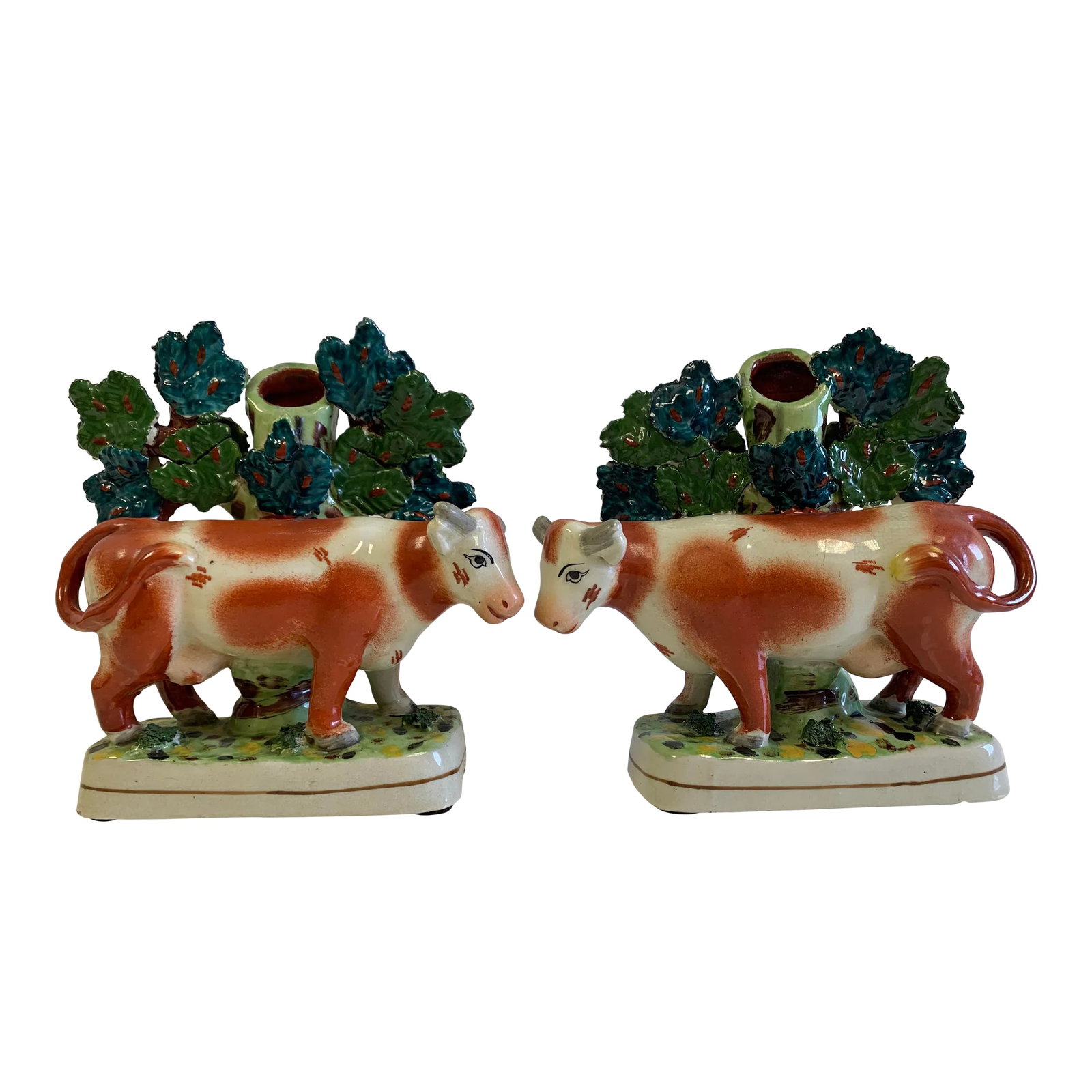 Early 20th Century Cows at Pasture Ceramic Candlesticks - a Pair: Adorable, cows at pasture candlesticks. Perfect for any rustic, farmhouse aesthetic. Acquired at an estate in North Carolina. Condition: Alterations: Original Condition Unaltered Imperfections: Some