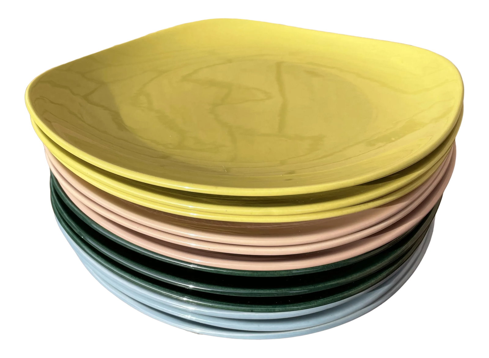 Mid-Century Colored Poppy Trail California Pottery Plates- Set of 12: Excellent Mid Century Modern collection of 12 California Pottery Poppy Trail plates by Metlox in the "shore line" pattern. 4 different colors of plates with 3 plates in each color. Great condition