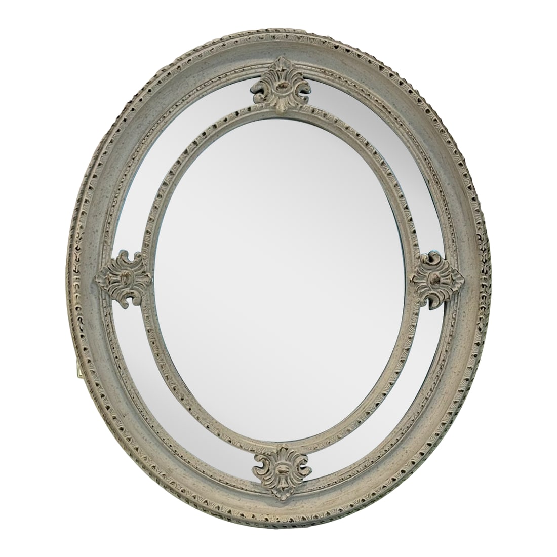 Baroque Oval Wall Mirror in Distressed White: Baroque Oval Wall Mirror In Distressed White Kindly note photo number two (2) is a digital rendering created for inspiration to show how this item may look styled in a room. All other photos are of th