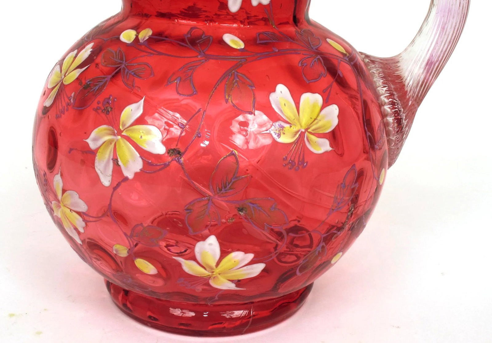 1910s Vintage Eapg Fenton Cranberry Coin Dot Ruffled Enameled Flower Art Glass Pitcher - 11