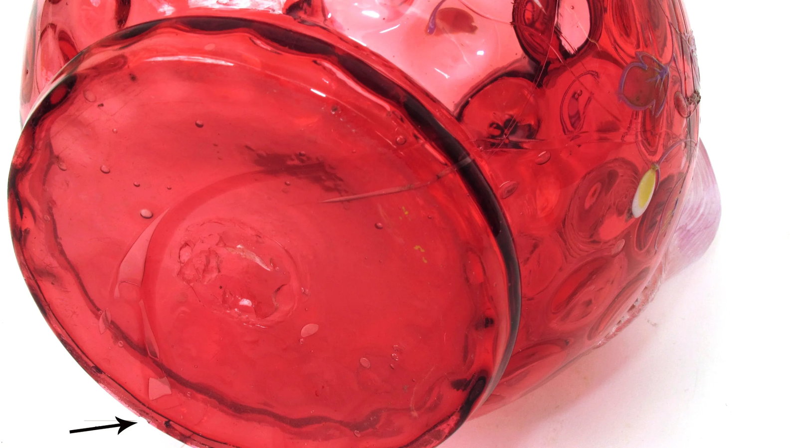 1910s Vintage Eapg Fenton Cranberry Coin Dot Ruffled Enameled Flower Art Glass Pitcher - 12