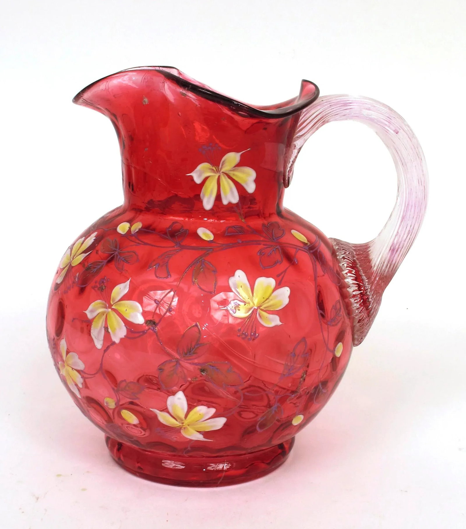 1910s Vintage Eapg Fenton Cranberry Coin Dot Ruffled Enameled Flower Art Glass Pitcher - 13