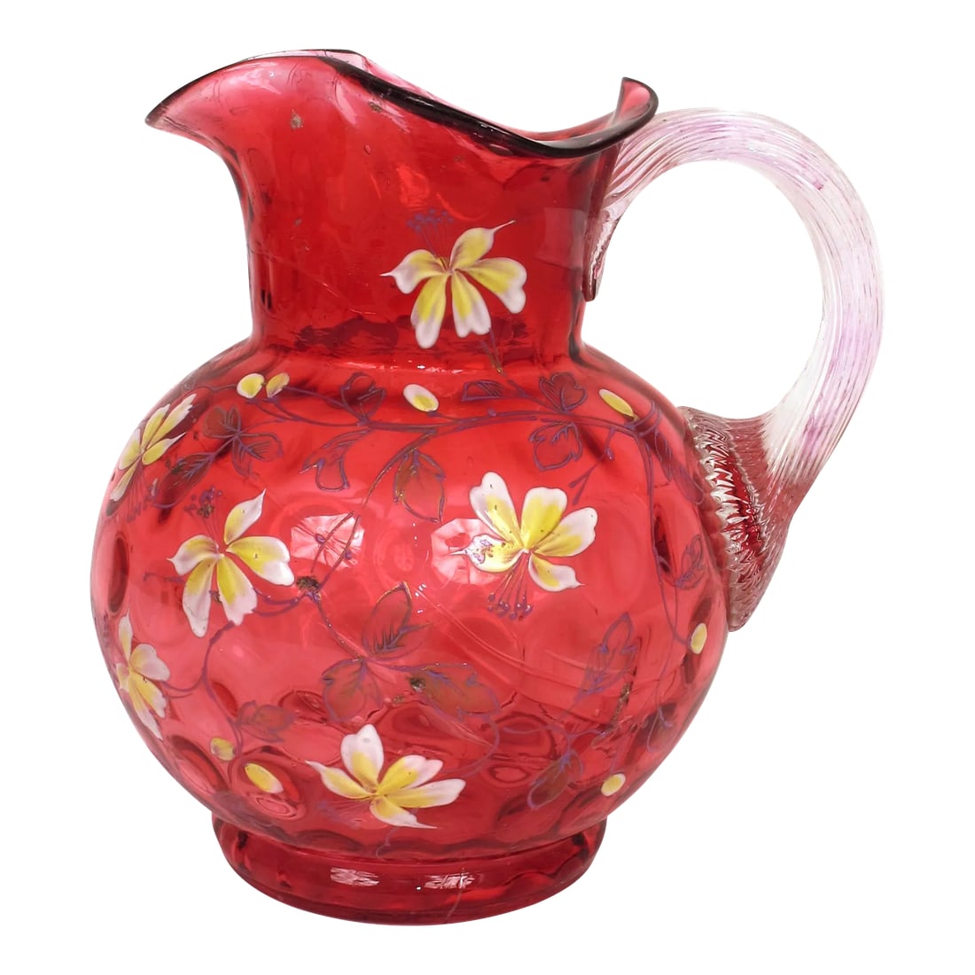 1910s Vintage Eapg Fenton Cranberry Coin Dot Ruffled Enameled Flower Art Glass Pitcher: This Antique Vintage EAPG Cranberry Coin Dot Pattern Ruffled Enameled Floral 8" Art Glass Pitcher has a beautiful design of hand painted enamel flowers and was probably made by Fenton. It is made of c