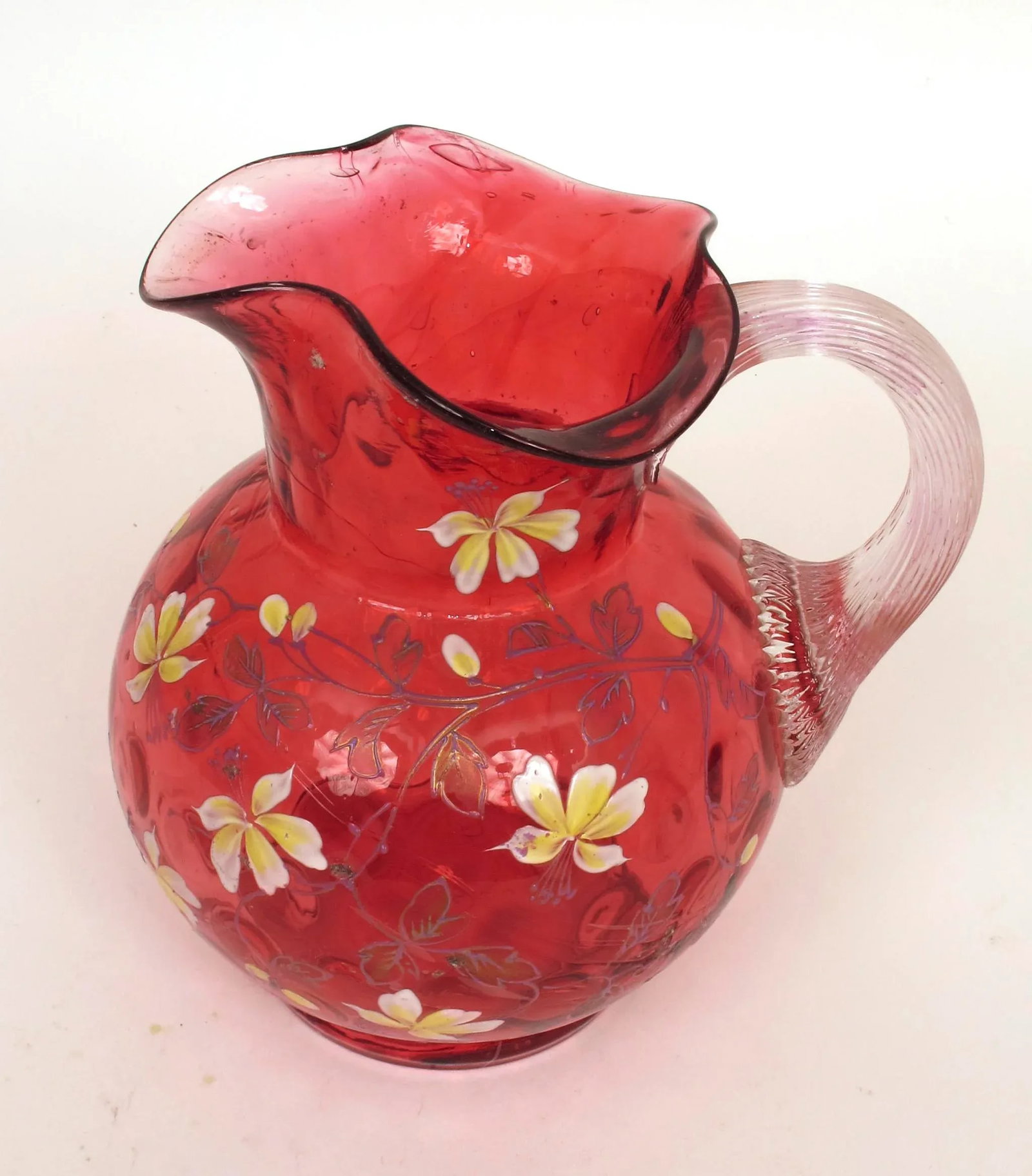 1910s Vintage Eapg Fenton Cranberry Coin Dot Ruffled Enameled Flower Art Glass Pitcher - 2
