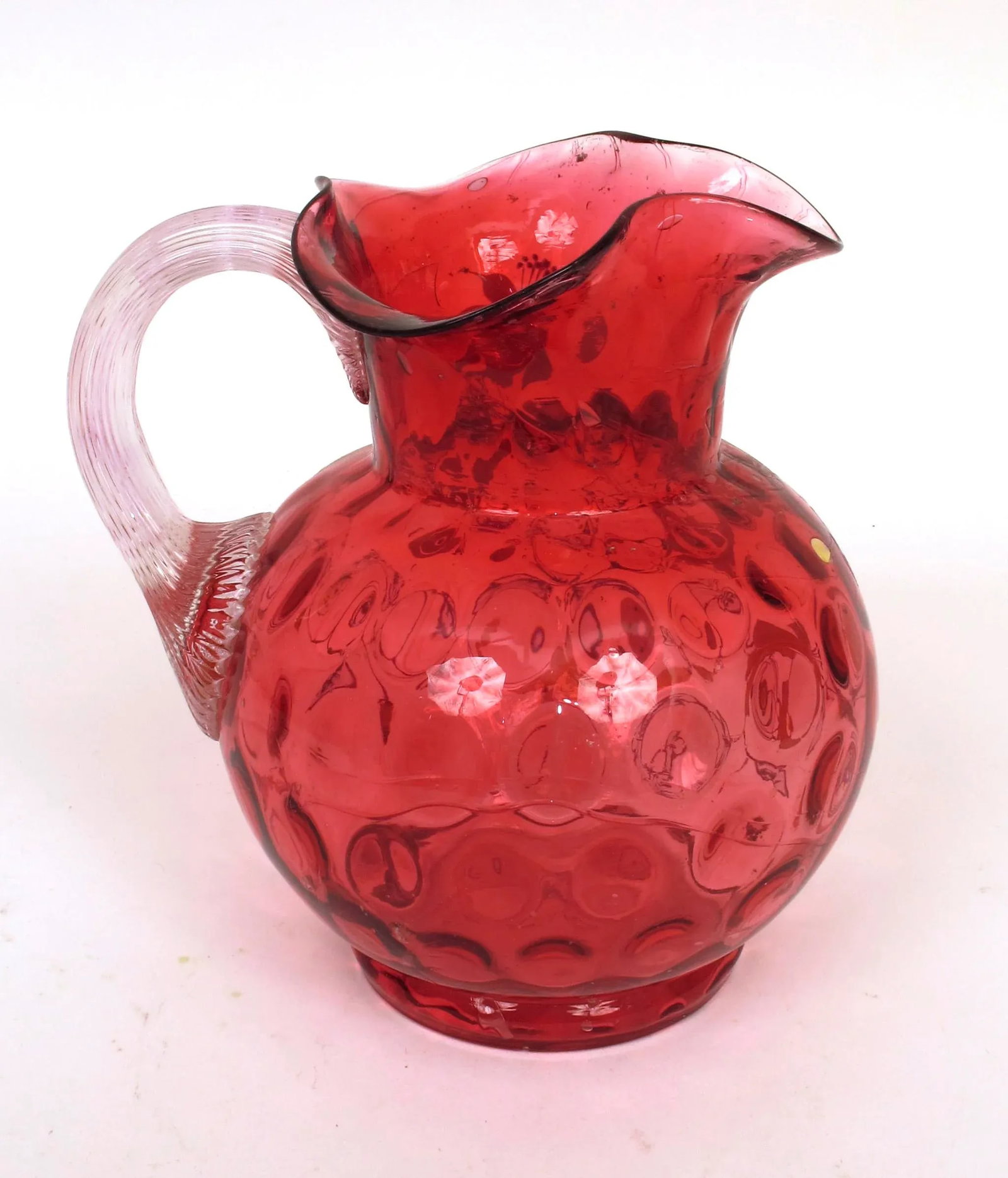 1910s Vintage Eapg Fenton Cranberry Coin Dot Ruffled Enameled Flower Art Glass Pitcher - 4