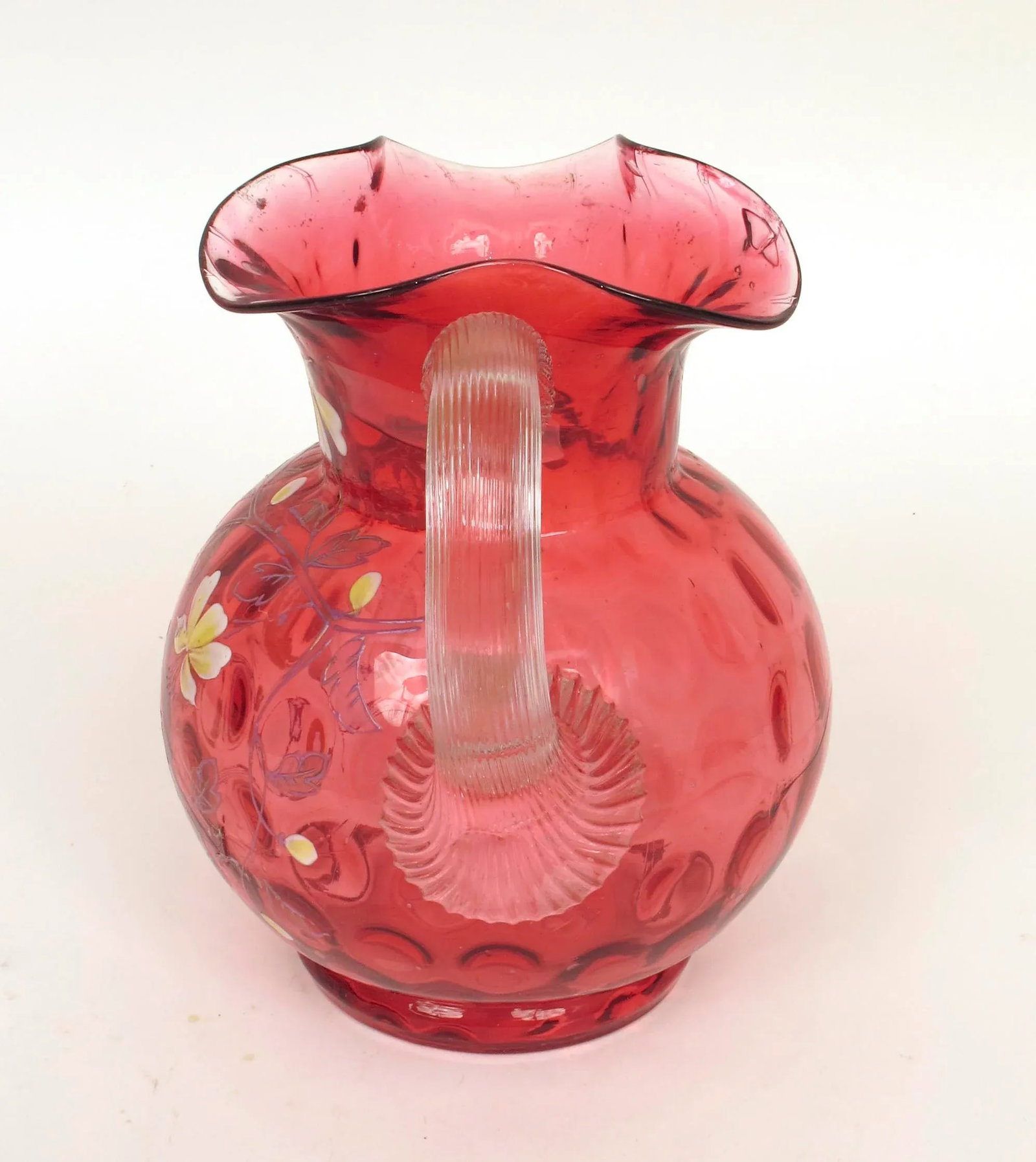 1910s Vintage Eapg Fenton Cranberry Coin Dot Ruffled Enameled Flower Art Glass Pitcher - 5