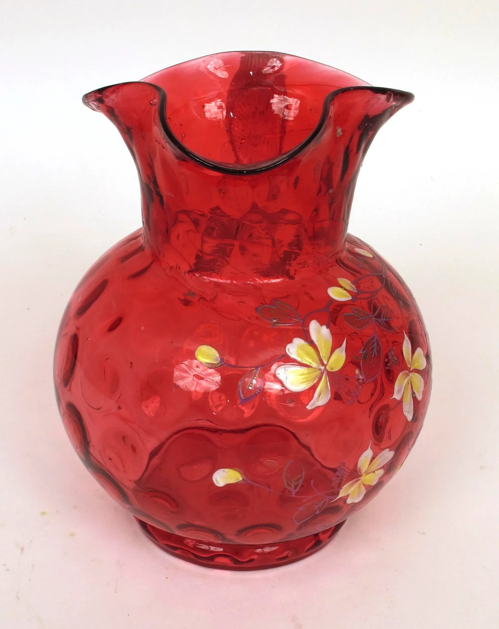 1910s Vintage Eapg Fenton Cranberry Coin Dot Ruffled Enameled Flower Art Glass Pitcher - 6