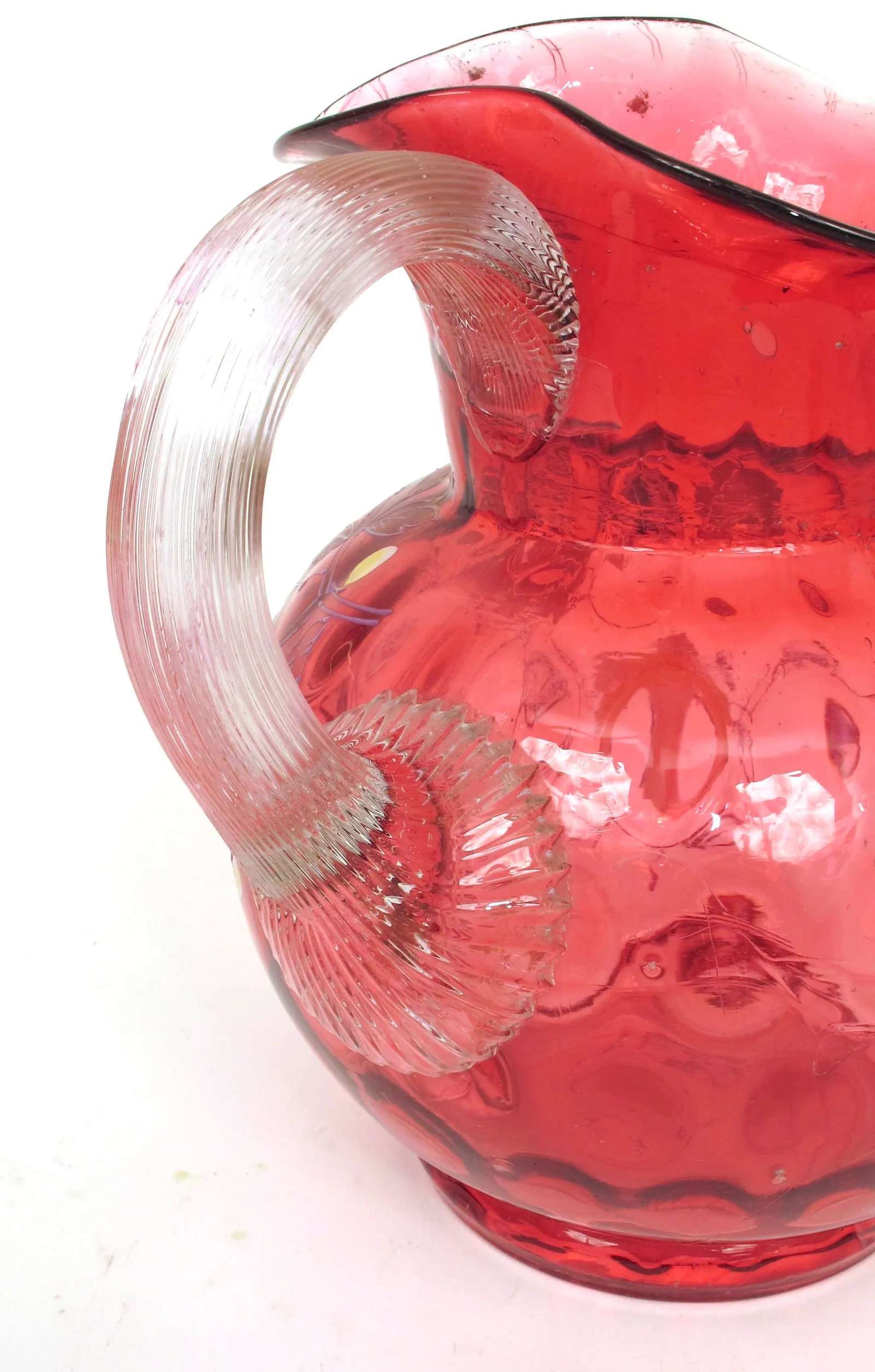1910s Vintage Eapg Fenton Cranberry Coin Dot Ruffled Enameled Flower Art Glass Pitcher - 7