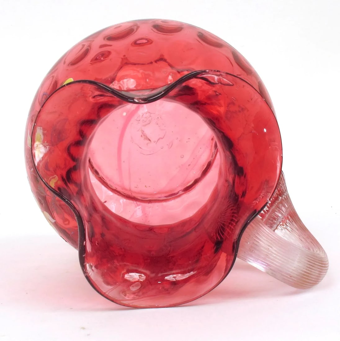 1910s Vintage Eapg Fenton Cranberry Coin Dot Ruffled Enameled Flower Art Glass Pitcher - 8