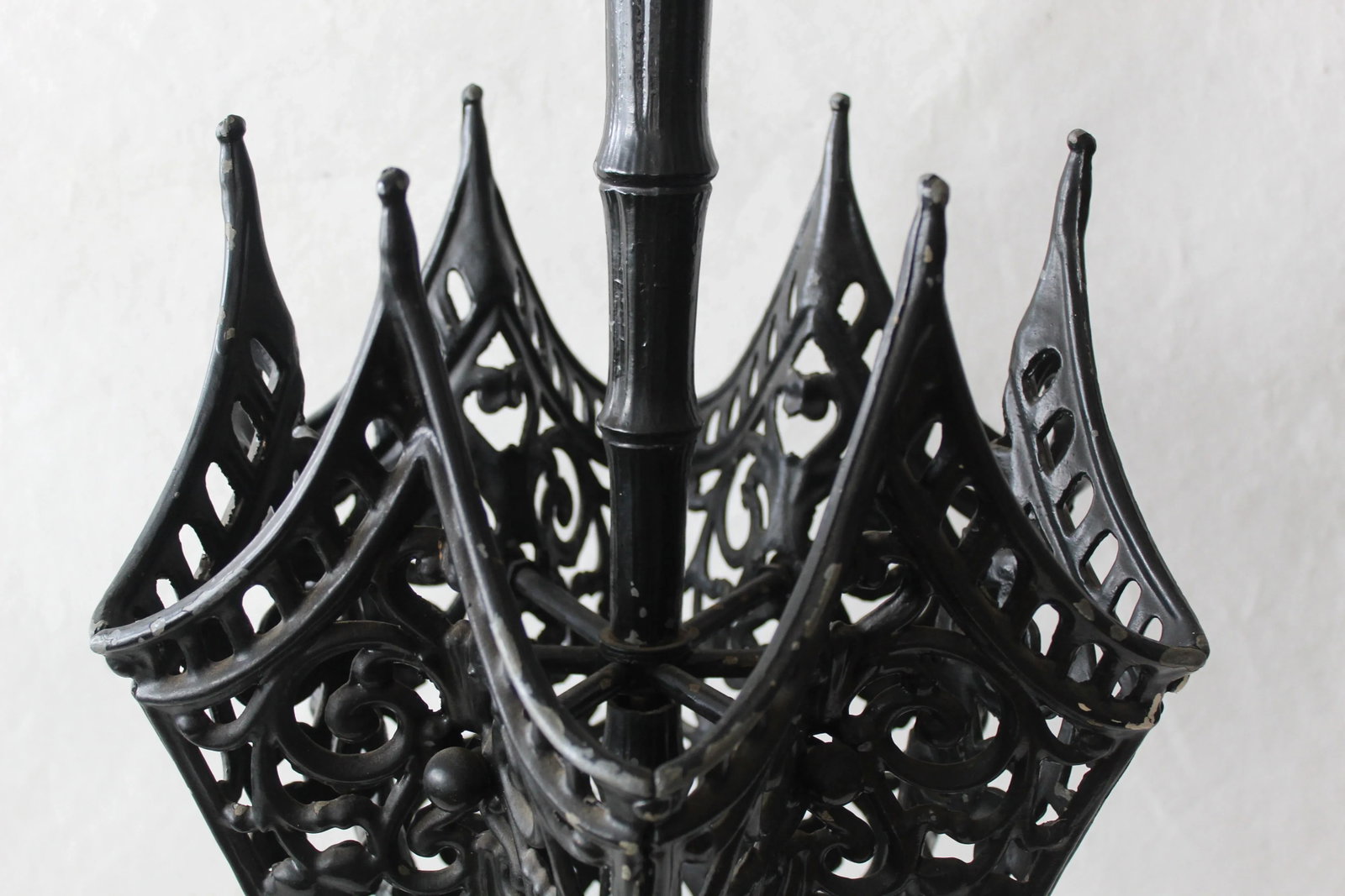 Vintage Mid Century 1960s Cast Iron Style Painted Umbrella Stand Faux Bamboo Handle Detail - 5