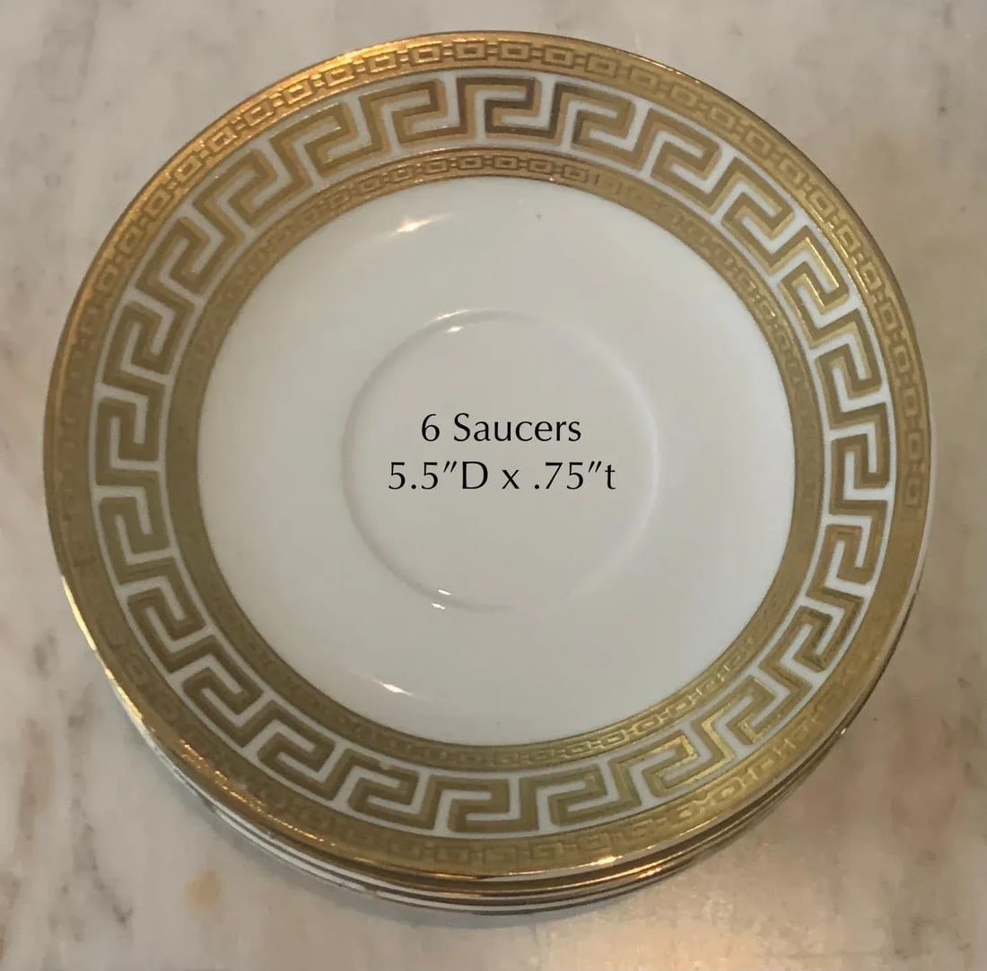 German White & Gold Porcelain Greek Key Dinnerware - 33 Pieces - 10