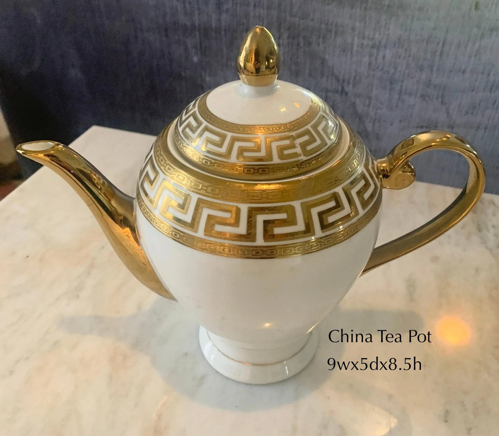 German White & Gold Porcelain Greek Key Dinnerware - 33 Pieces - 12