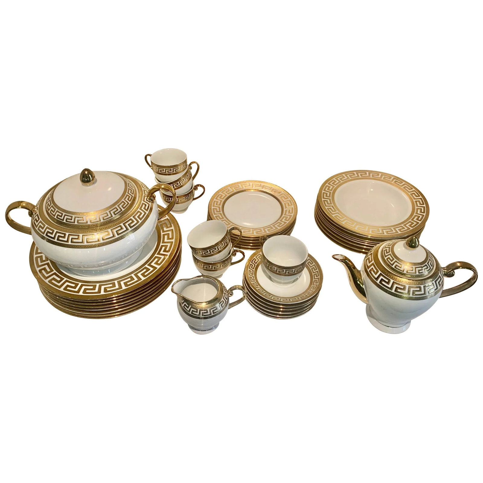 German White & Gold Porcelain Greek Key Dinnerware - 33 Pieces - 13