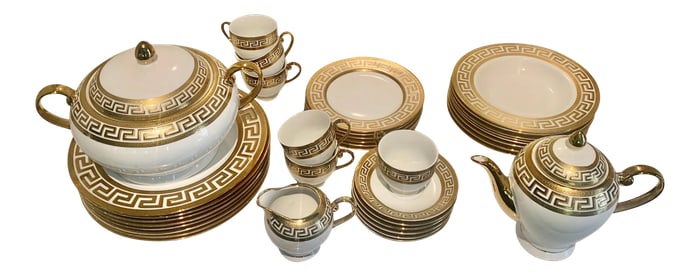 German White & Gold Porcelain Greek Key Dinnerware - 33 Pieces