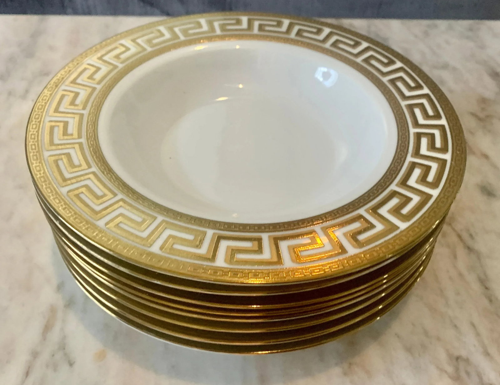 German White & Gold Porcelain Greek Key Dinnerware - 33 Pieces - 3