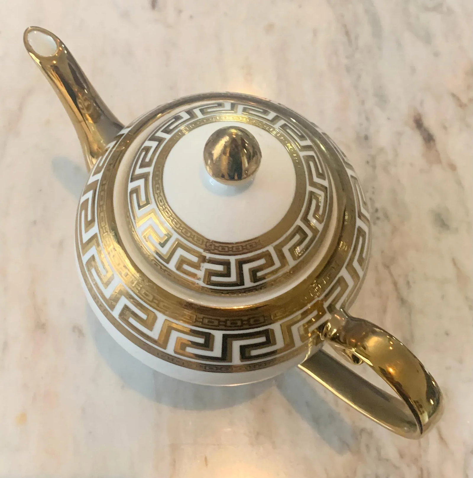 German White & Gold Porcelain Greek Key Dinnerware - 33 Pieces - 5