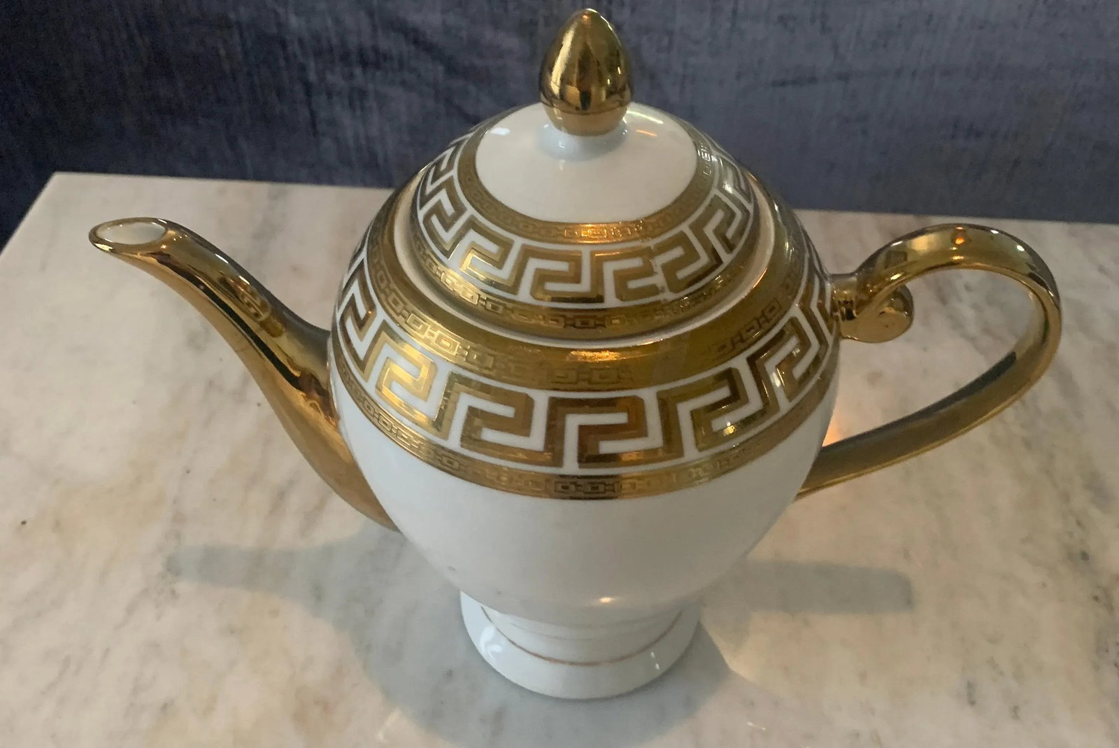 German White & Gold Porcelain Greek Key Dinnerware - 33 Pieces - 6