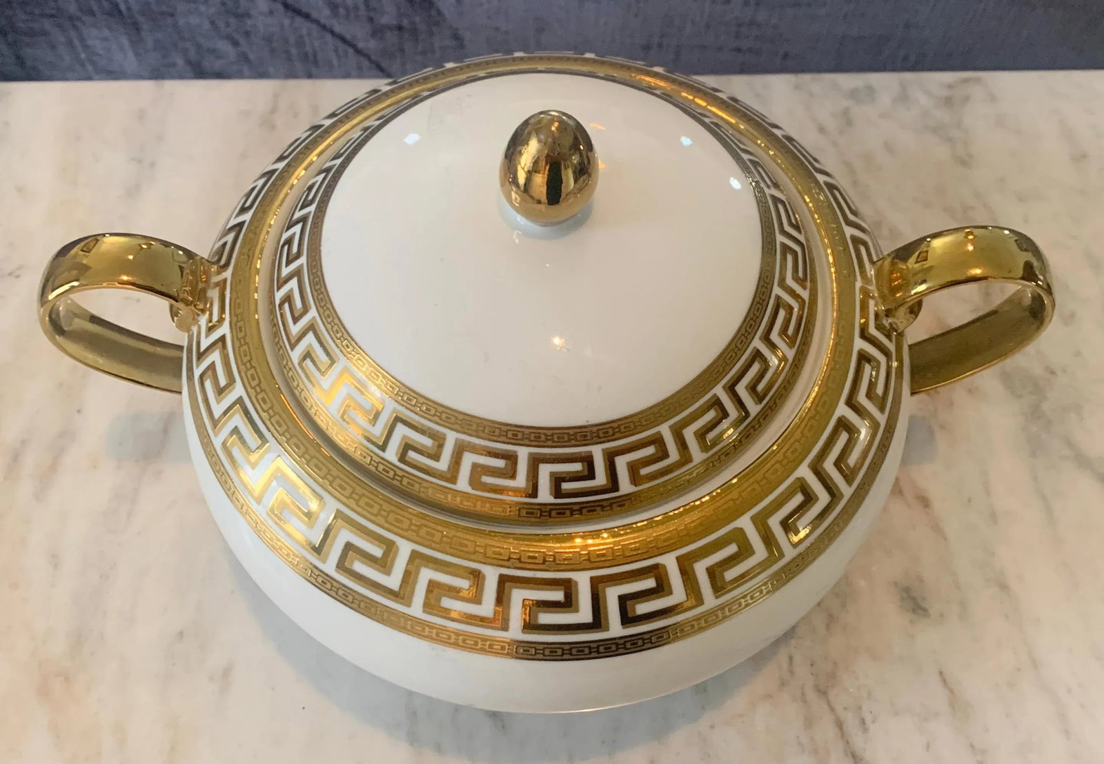 German White & Gold Porcelain Greek Key Dinnerware - 33 Pieces - 7