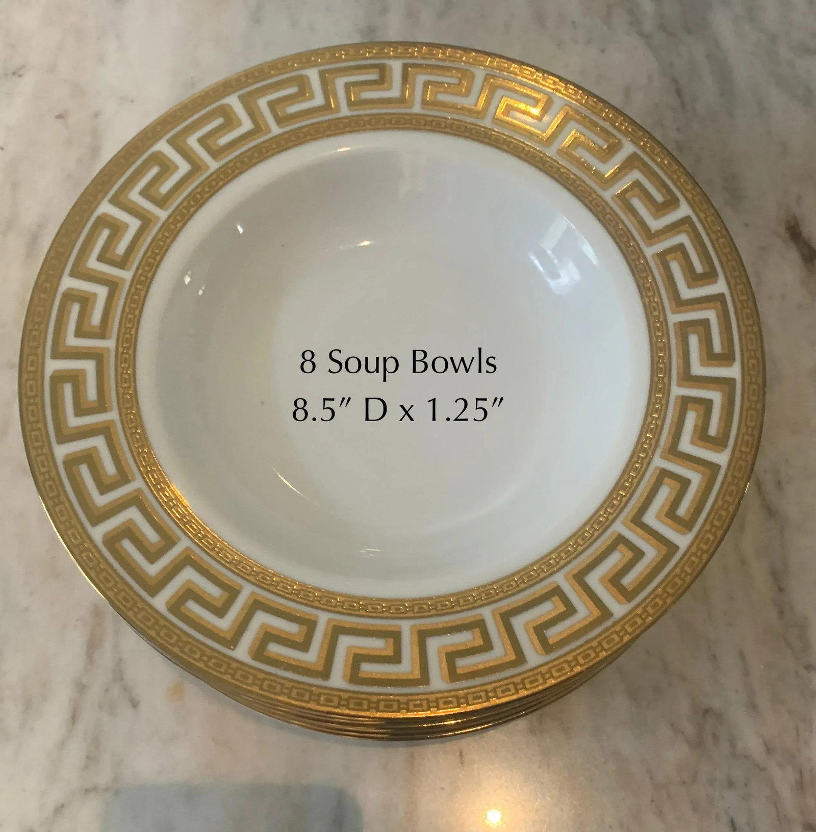 German White & Gold Porcelain Greek Key Dinnerware - 33 Pieces - 8