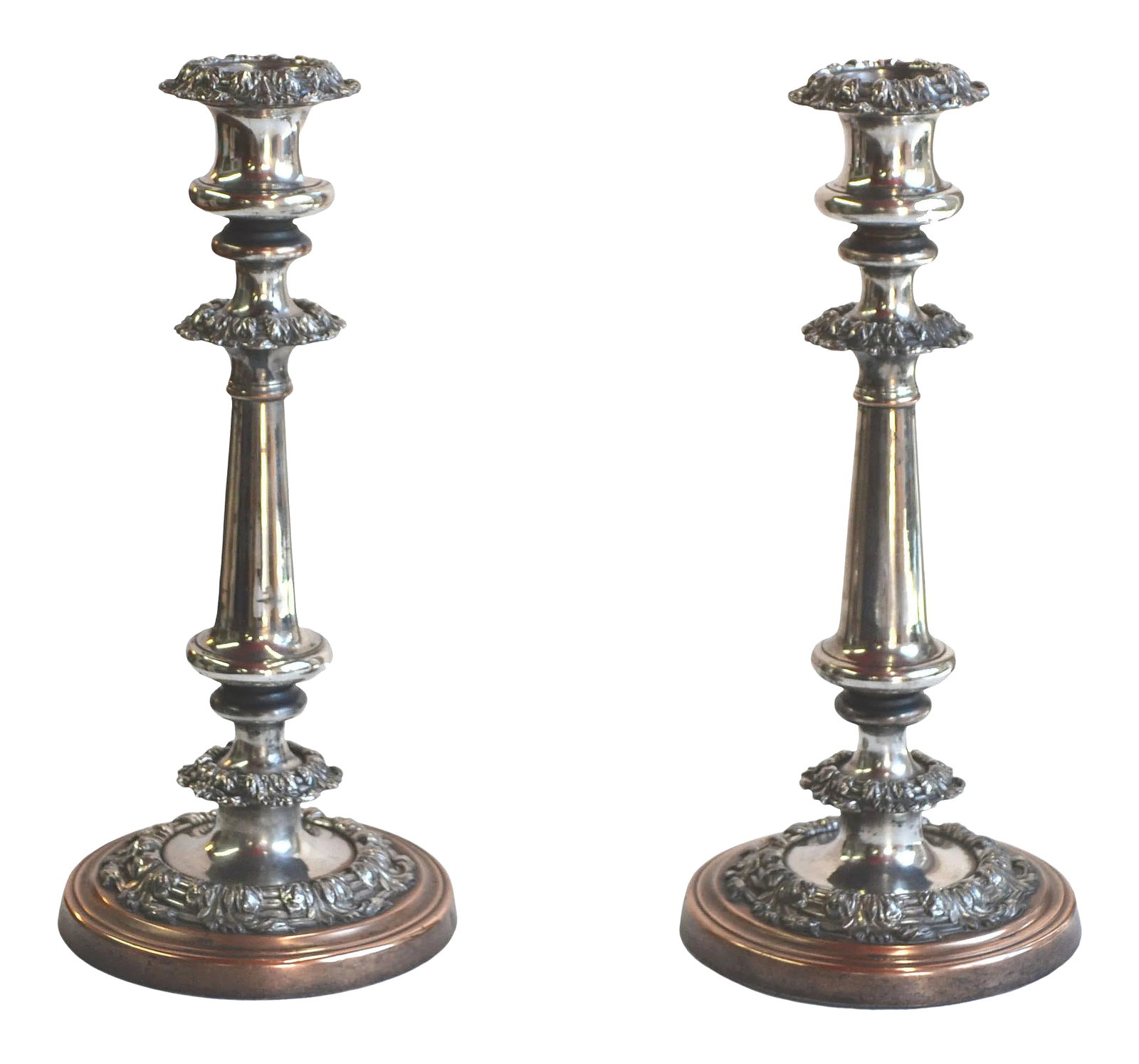 19th Century Georgian Sheffield Silverplate Candlesticks- a Pair: Pair of English, Georgian, George IV Sheffield silver plate candlesticks. Vintage, distressed silver finish. Silver loss to base. Minor loss to other areas. Hollow ware, circa 1820. Handmade and very