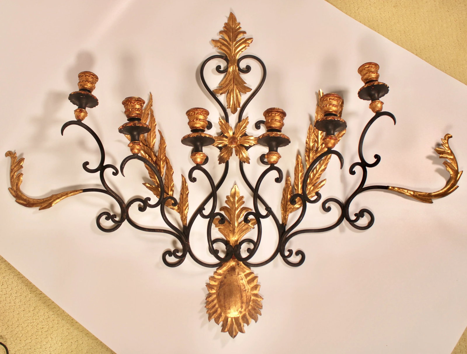 Mid Century Italian Black and Gold Metal and Tole Wall Sconce - 3