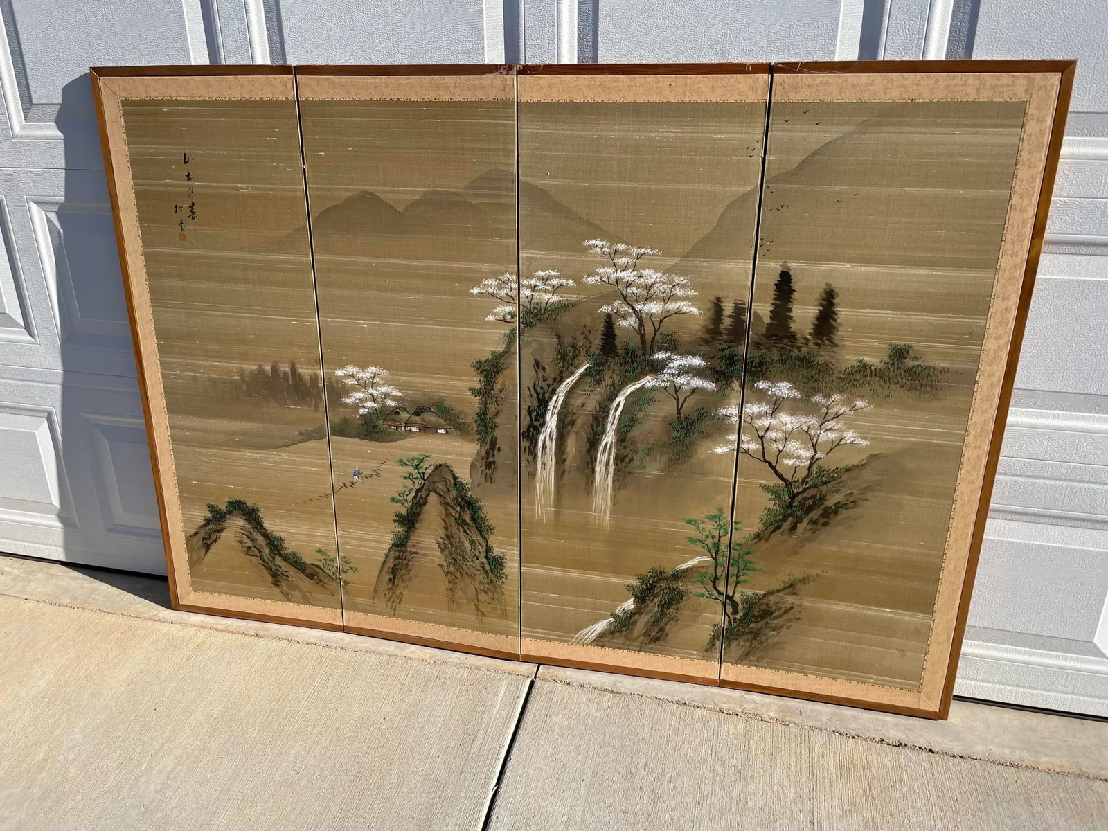 1940s Byobu Four Panel Japanese Screens Depicting Waterfall, Mountain, and Cherry Blossom Trees - 13