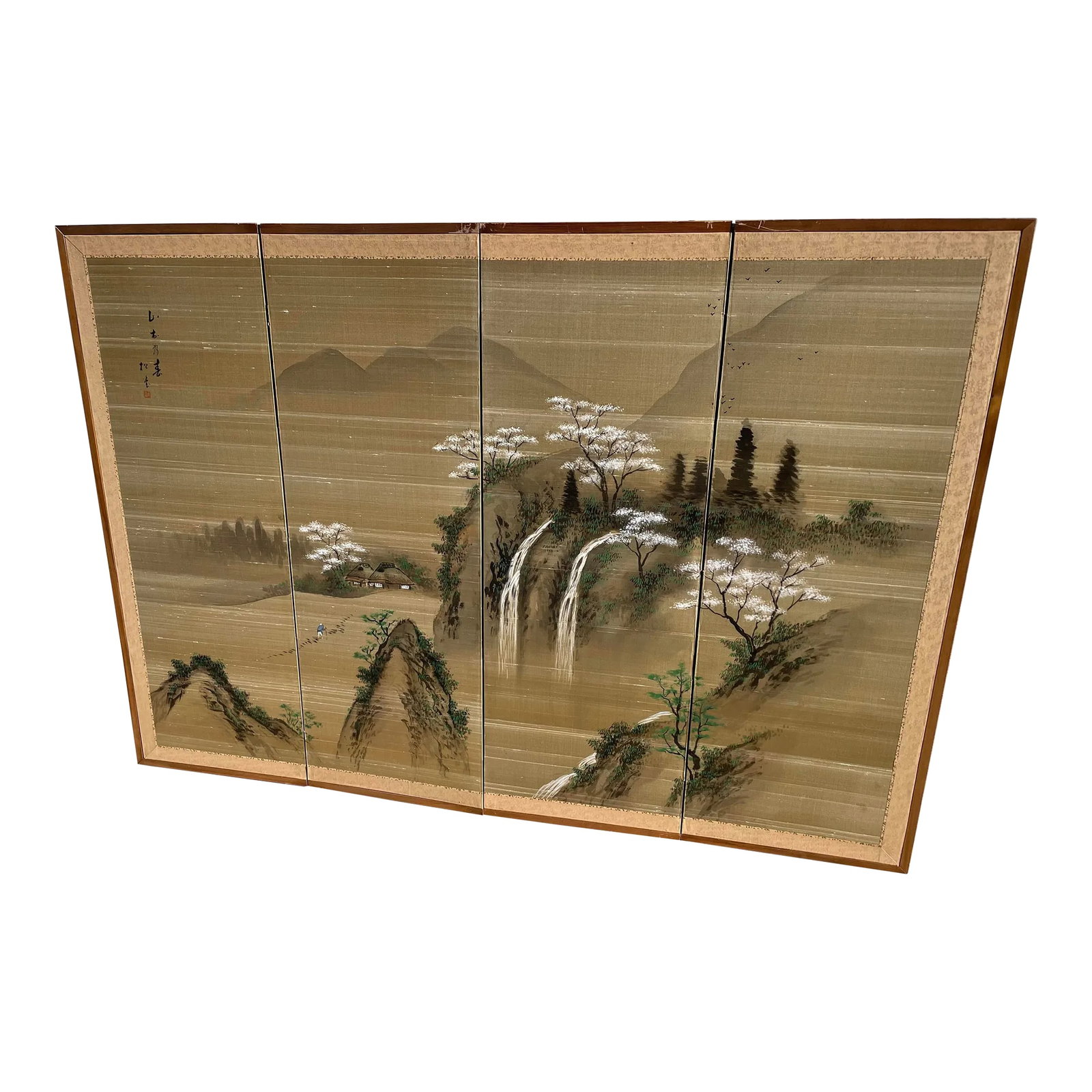 1940s Byobu Four Panel Japanese Screens Depicting Waterfall, Mountain, and Cherry Blossom Trees: Majestic Japanese Byobu screens on offer, depicting an idyllic mountain farm house, set against high mountains and waterfalls. There is tiny detail of a grandpa with his cane, climbing the path to