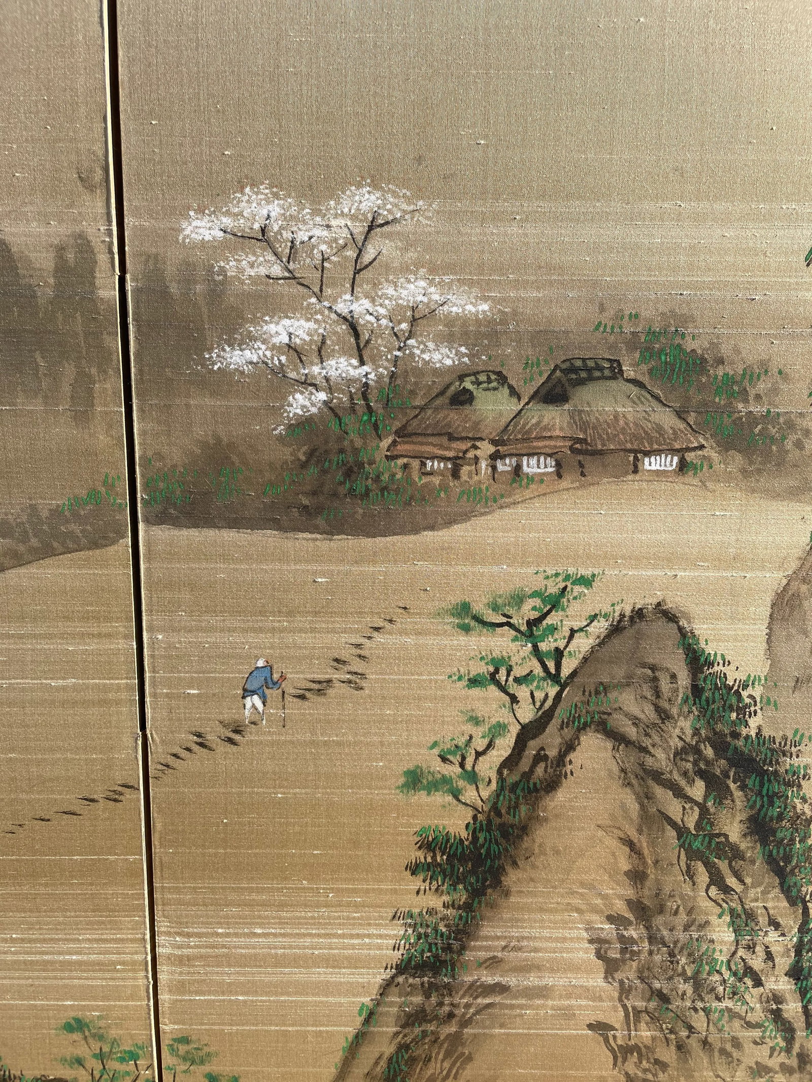1940s Byobu Four Panel Japanese Screens Depicting Waterfall, Mountain, and Cherry Blossom Trees - 3