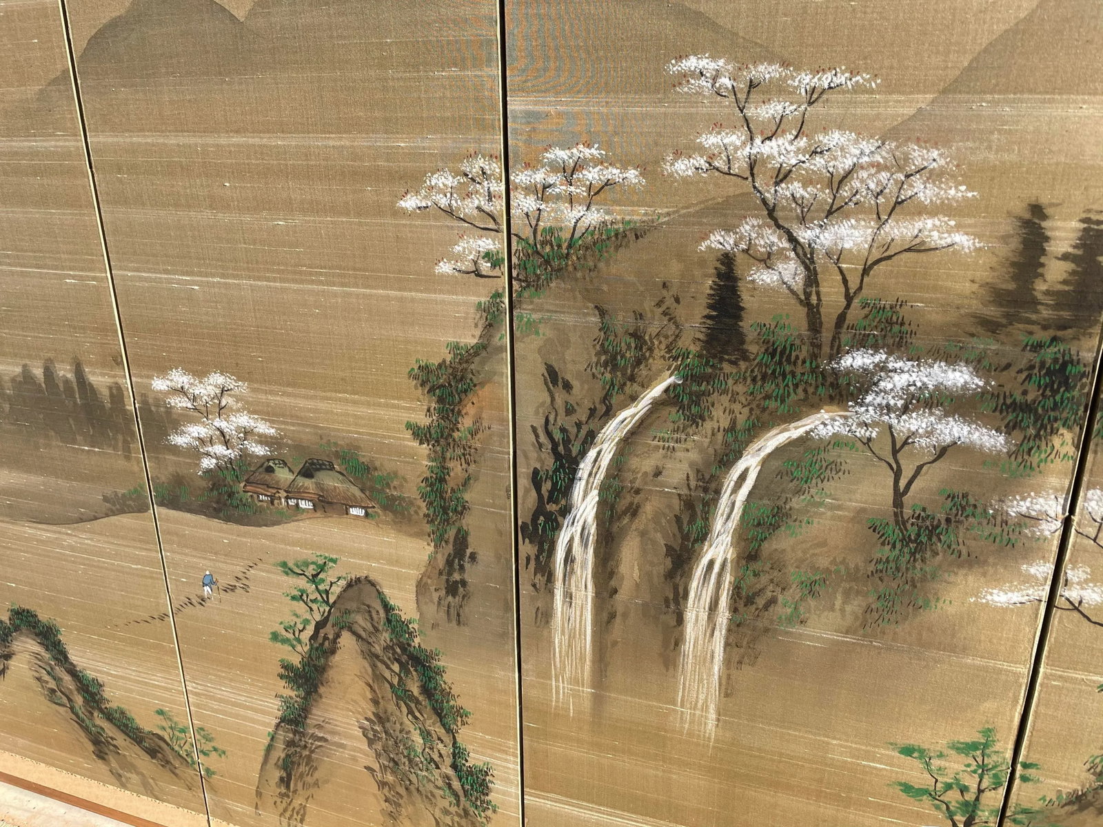 1940s Byobu Four Panel Japanese Screens Depicting Waterfall, Mountain, and Cherry Blossom Trees - 4