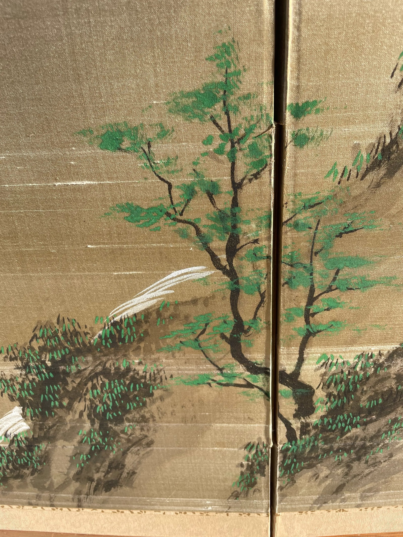 1940s Byobu Four Panel Japanese Screens Depicting Waterfall, Mountain, and Cherry Blossom Trees - 5
