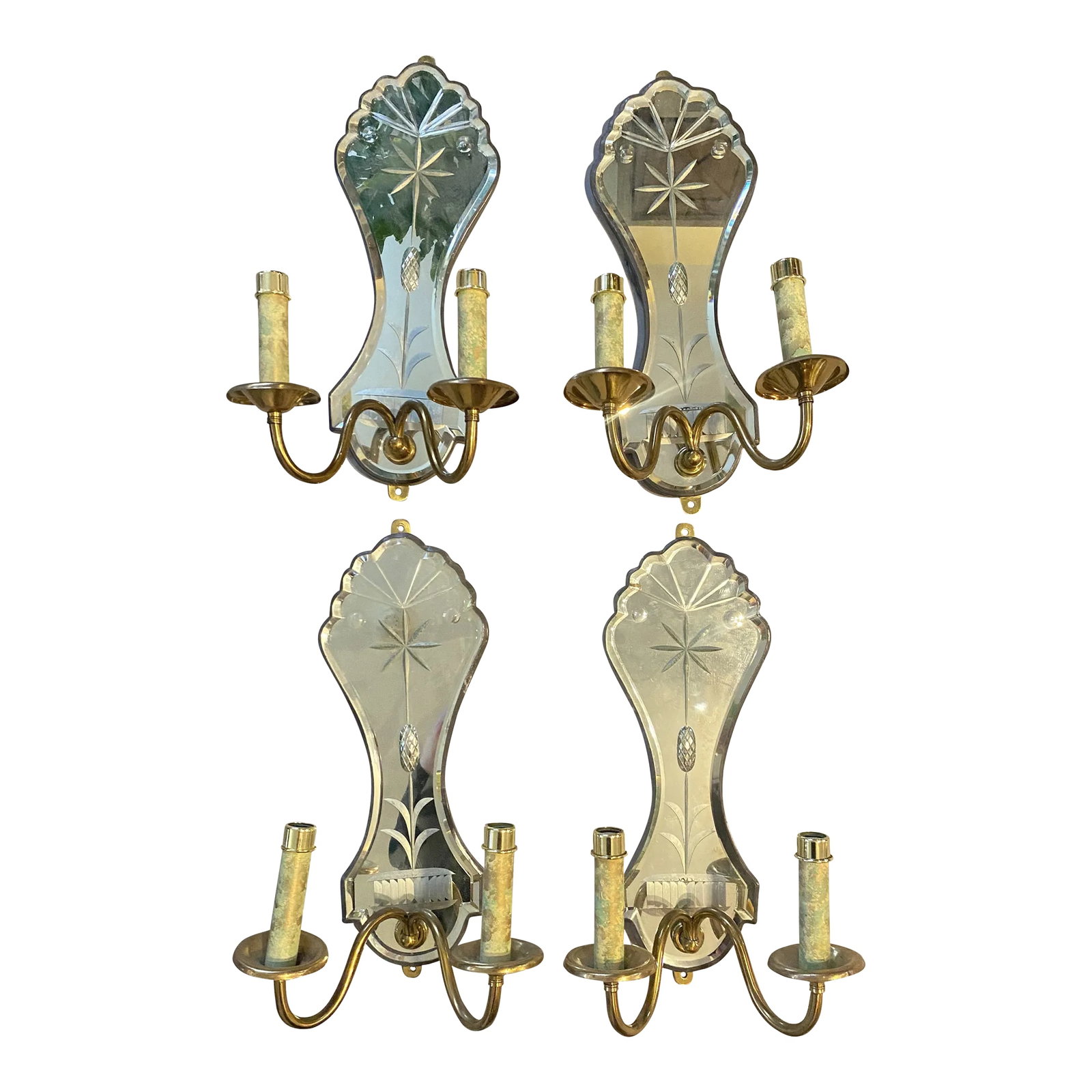 1940s Mirror Back Italian Sconces: Astonishing to find in this quantity and condition. Italian manufacture, high quality thick brass elements over carefully etched glass. Mounted to wood backing. Would look amazing with bulb-clip