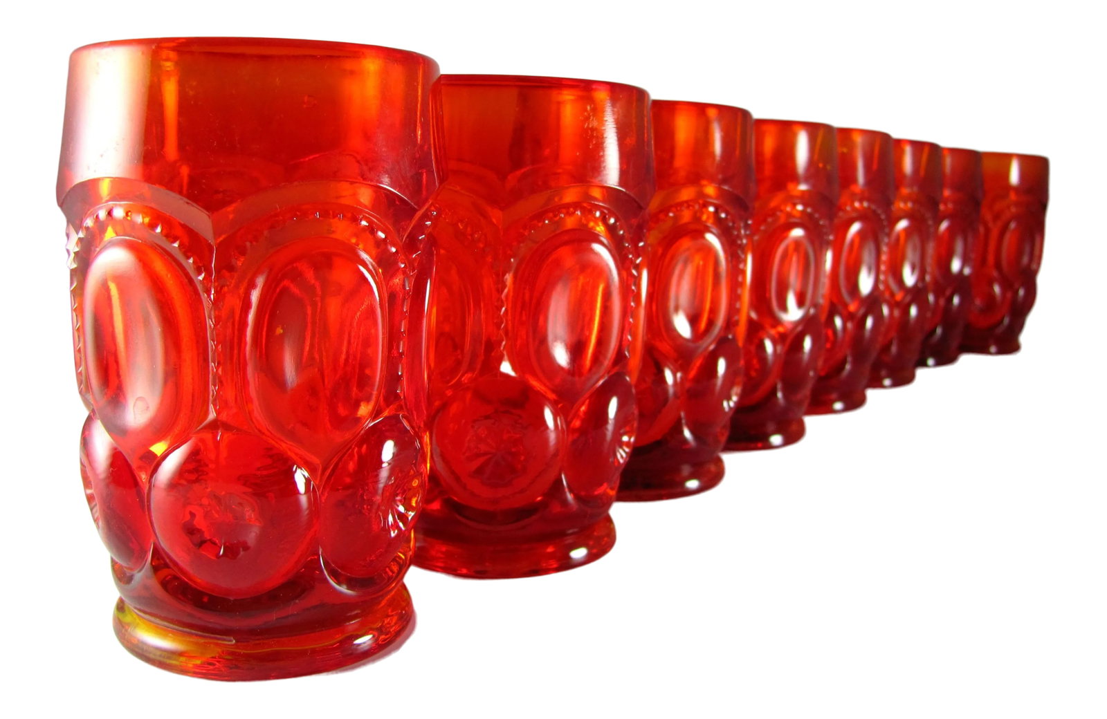 Mid Century Vintage L E Smith Moon & Stars Amberina Ruby Red Citrine Glass Tumblers - Set of 8: The classic American moon and stars pattern in a beautiful amberina No chips on rims, no cracks and no cloudiness Some surface scratches as well as fleabite chipping on side pattern, mostly on the