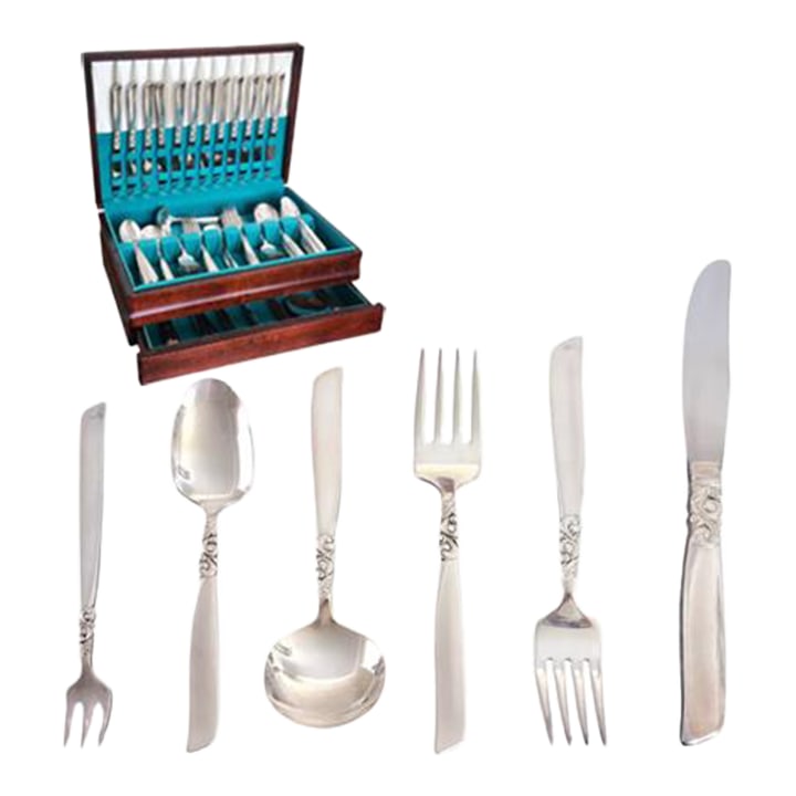 1950s Service for 12 Plus Hostess and Completer Oneida South Seas Community Silver Plated Flatware S: Oneida Community South Seas Pattern Silver Plated Flatware Service for 12 - 96 Piece Set Hostess Set included and Completer Set included Original Box included This grand extended service set is the