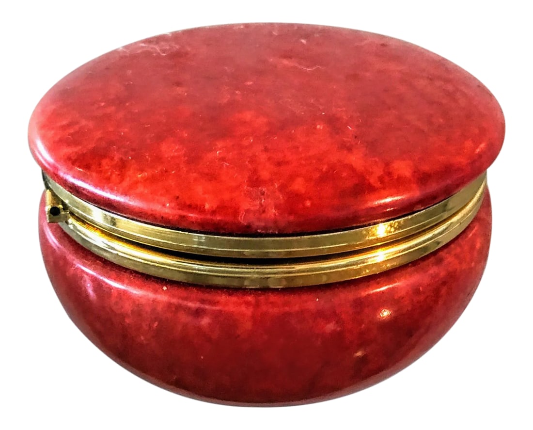 Vintage Red Italian Round Alabaster Hinged Box: CORRECTION TO SHIPPING TIME, THIS IS SELLER SHIPPING, ARRIVAL TIME IS 4-10 DAYS FROM PURCHASE DATE. Small alabaster box in red. At times the box appears to be a lacquer box. It is a beautiful