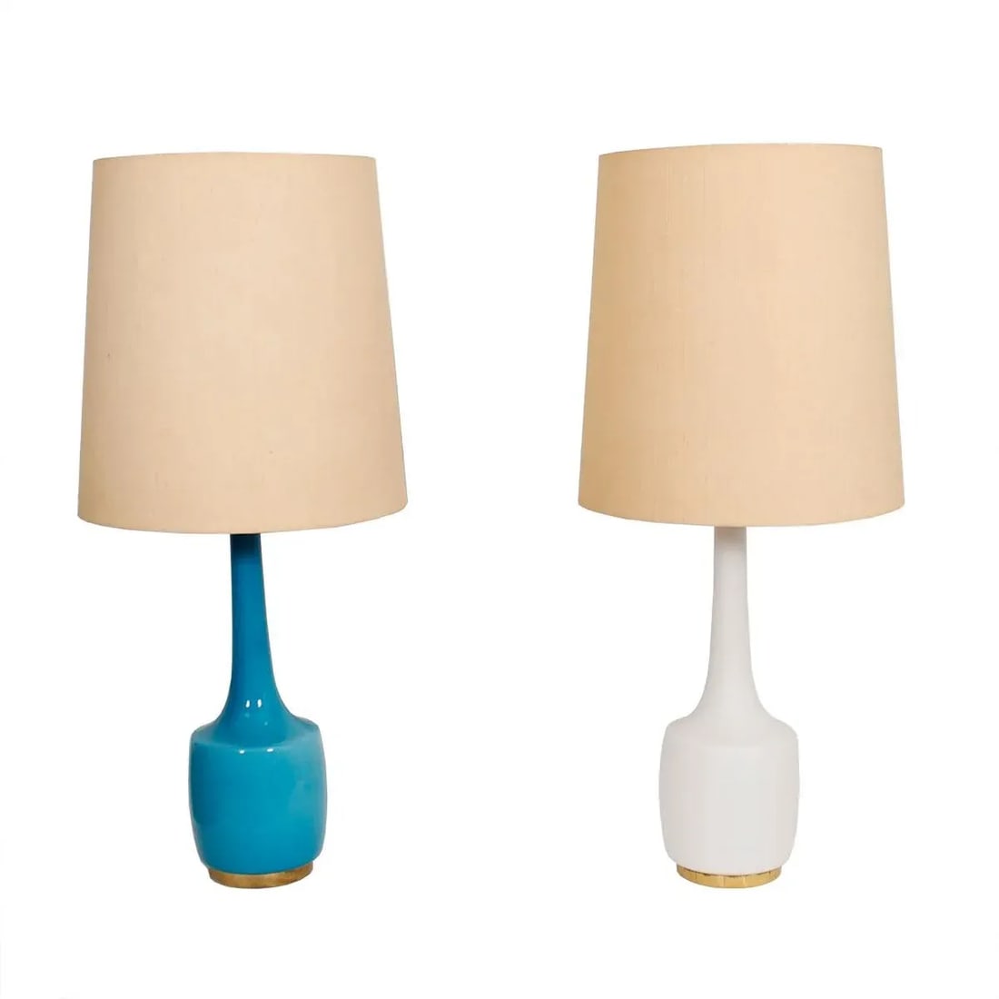 Holmegaard White & Sky Blue Lamps - A Pair: We are pleased to offer this stunning pair of matching white + sky blue Holmegaard glass lamps. Fresh from a Washington DC estate, these hard to come by lamps will bring a dash of life & serenity to a